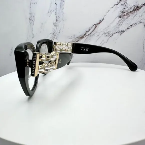 New CHANEL Eyeglasses Black Gold Cat Eye Clear Rotating Pearls 52mm - Picture 10 of 15